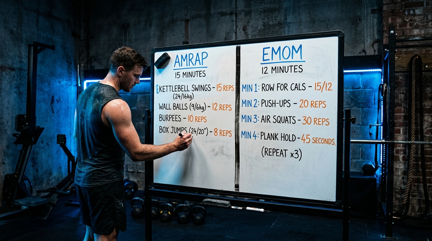 Whiteboard with two columns showing AMRAP and EMOM workout examples