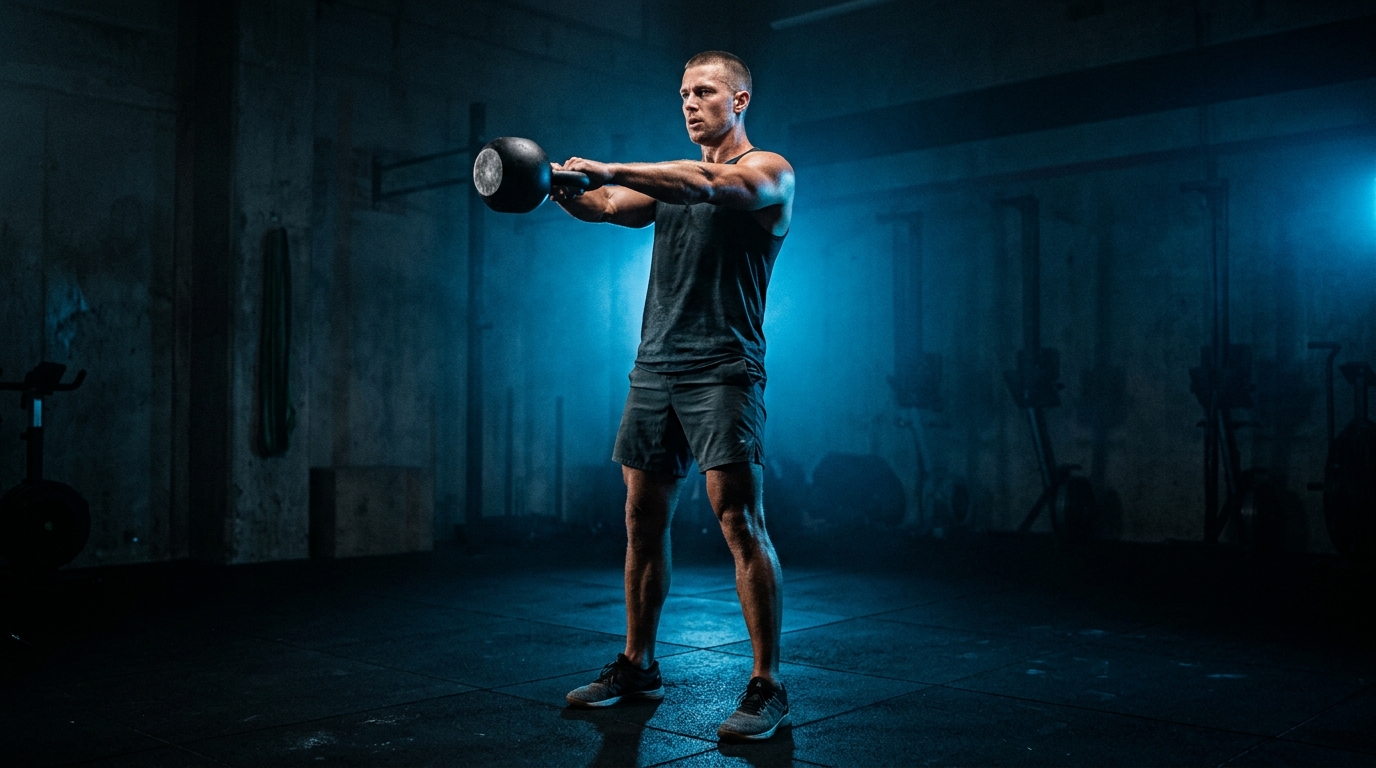 top of swing finish position with stacked posture, locked glutes, and bell floating at chest height