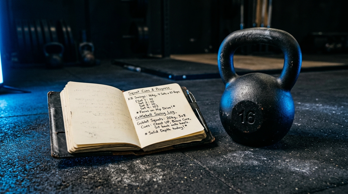 A training journal open next to a kettlebell, with handwritten notes about cues and reps
