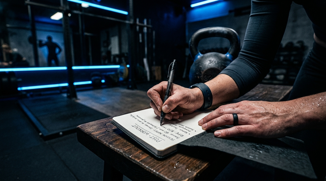 Close-up of a hand writing brief notes after a training session, kettlebell visible in background